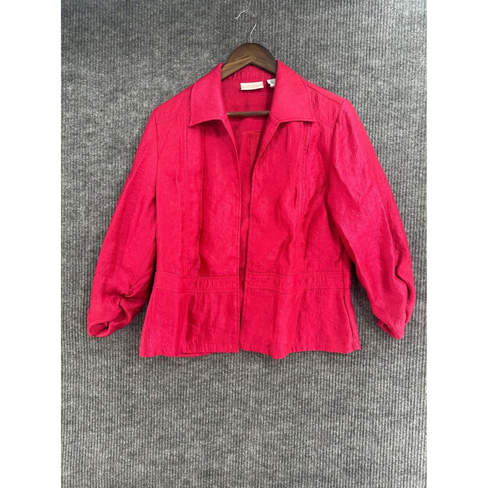Chico's Open Front Jacket Women Size 2 Fuchsia Pink Excellent Ruched 3/4 Sleeve